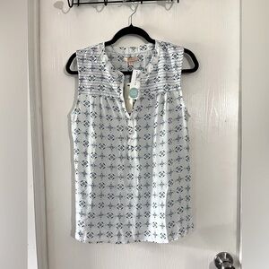 Under Skies White and Blue Sheer Geometric Blouse